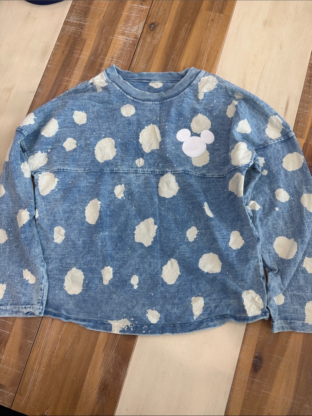 Disney Blue Tie-Dye Pullover Sweatshirt with Cream Spots & White Mickey Patch